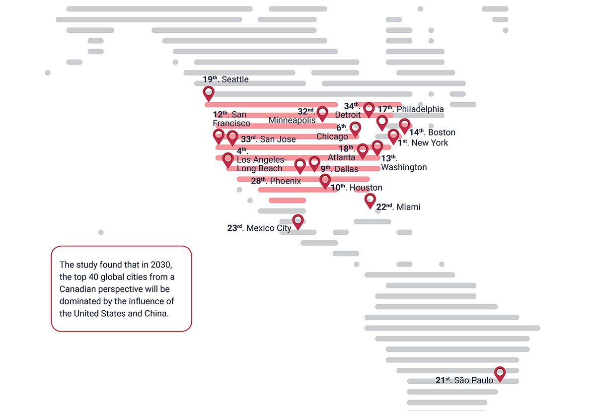 Top 40 sities in 2030 for Canada map