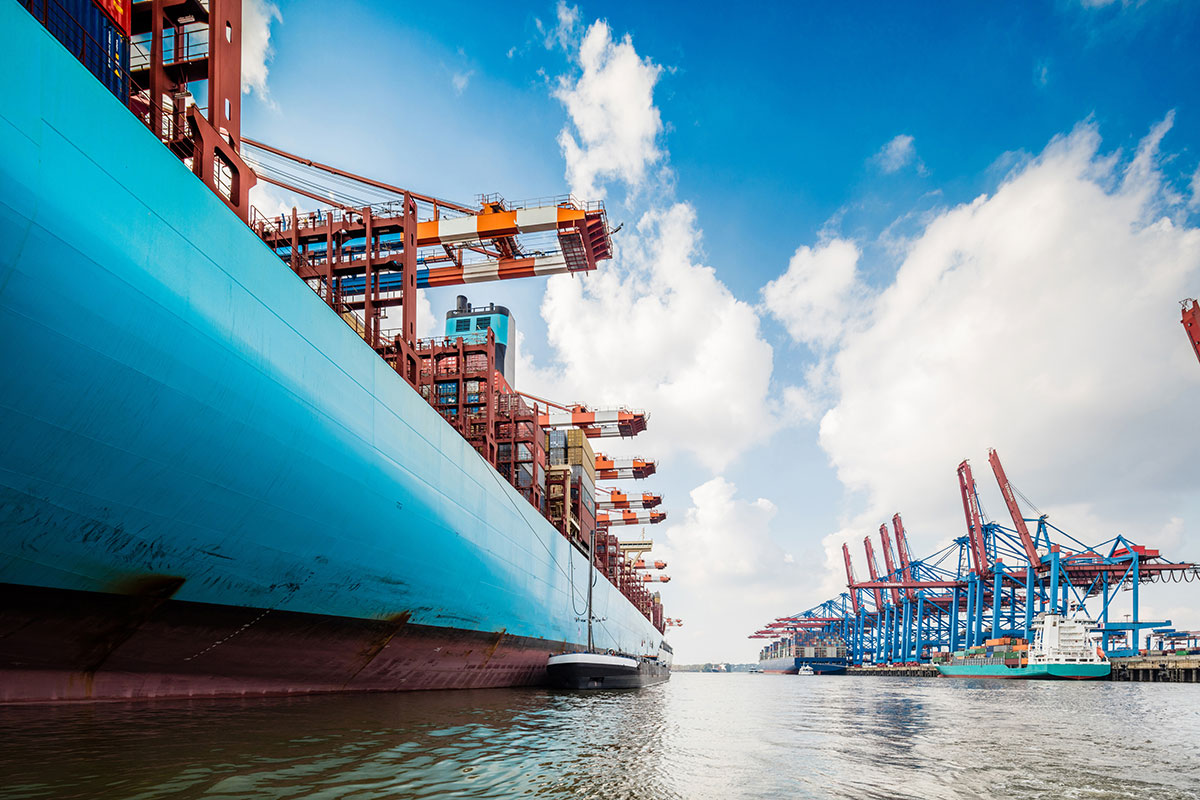 Vue sur des installations portuaires servant à la manutention de conteneurs de marchandises